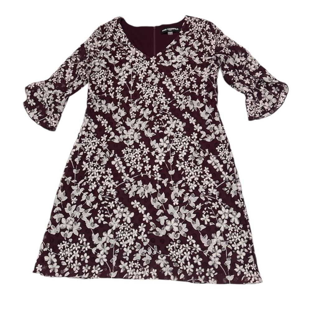 Karl Lagerfeld Womens 14 Dress Carys Floral Ruffle Sleeve Lace Burgundy Feminine - Picture 2 of 9
